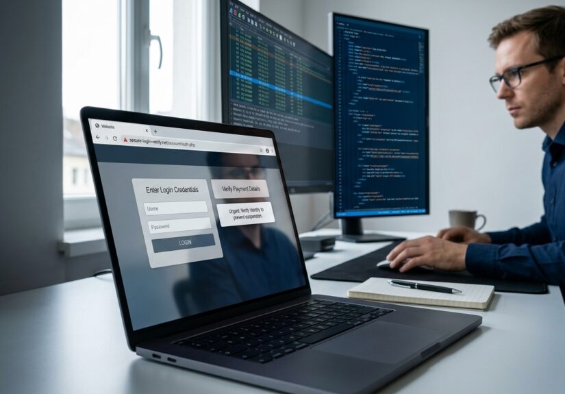 Laptop showing warning signs of a suspicious website and online scam